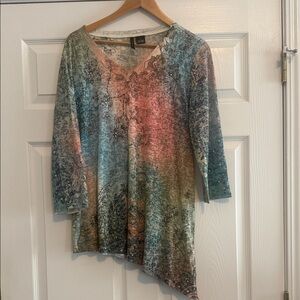 New Direction flattering Multicolor V-Neck Tunic in Teal, Coral & Olive